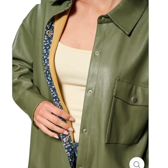 Hem & Thread Vegan Leather Oversized Lined Shacket with Floral Contrast detail - Picture 2 of 4